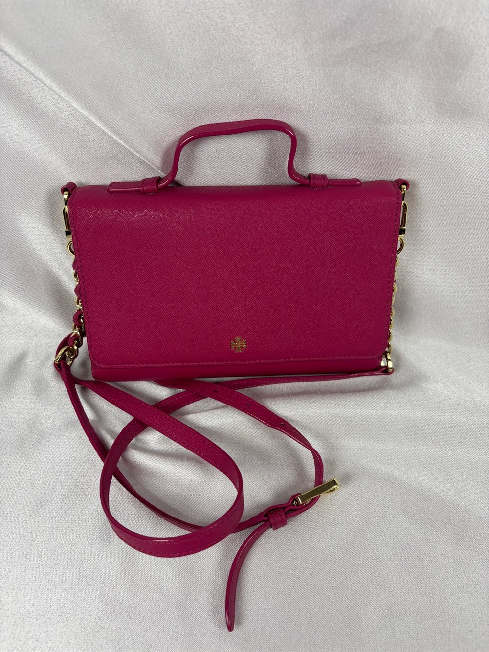 Tory Burch Magenta Top-Handle Crossbody Bag with Gold Hardware
